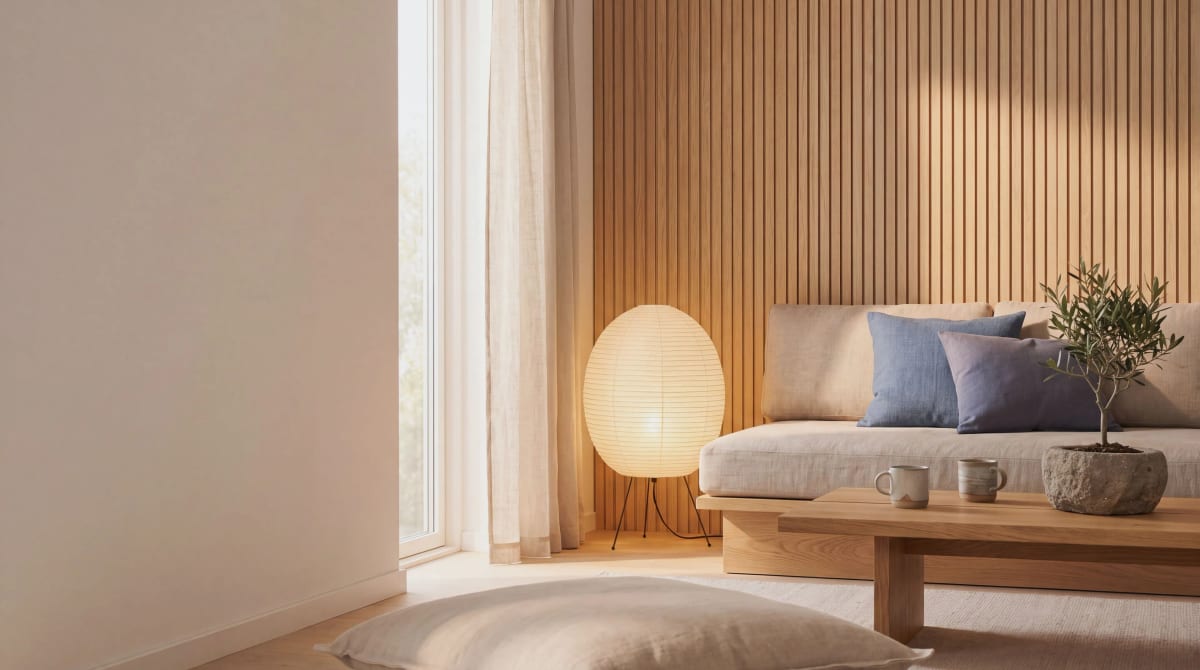 Beispiel: Wohnzimmer im Stil Japandi mit Leinensofa, Papierleuchte und Holzlamellen an der Wand